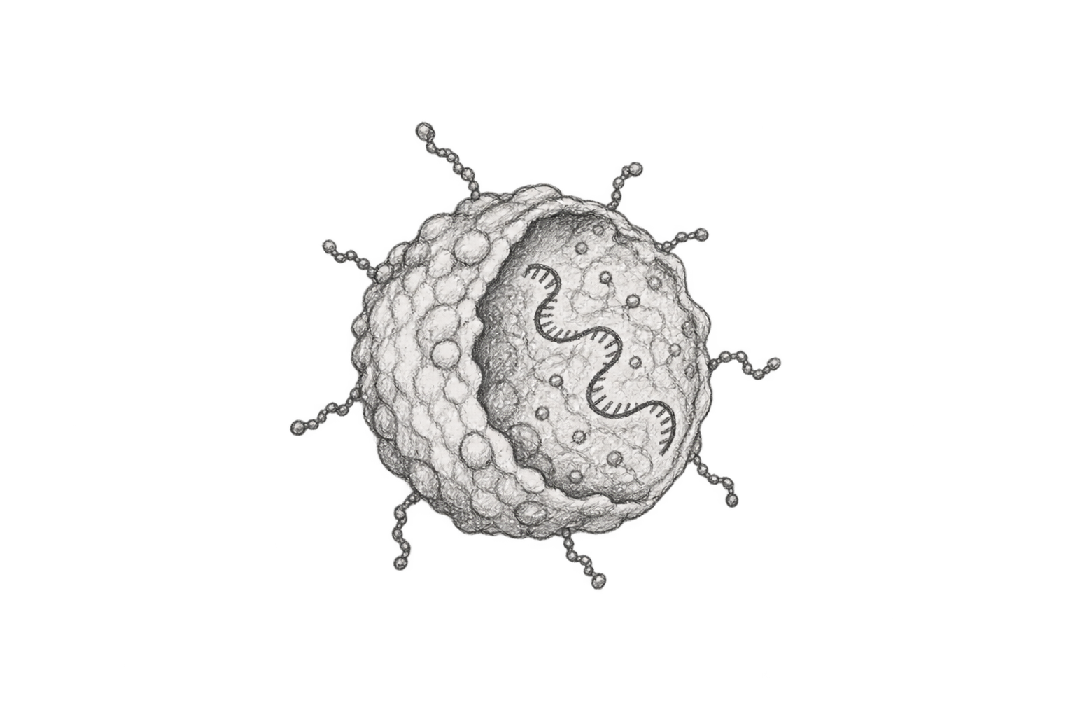 Conceptual pencil cutaway of a lipid nanoparticle carrying RNA.