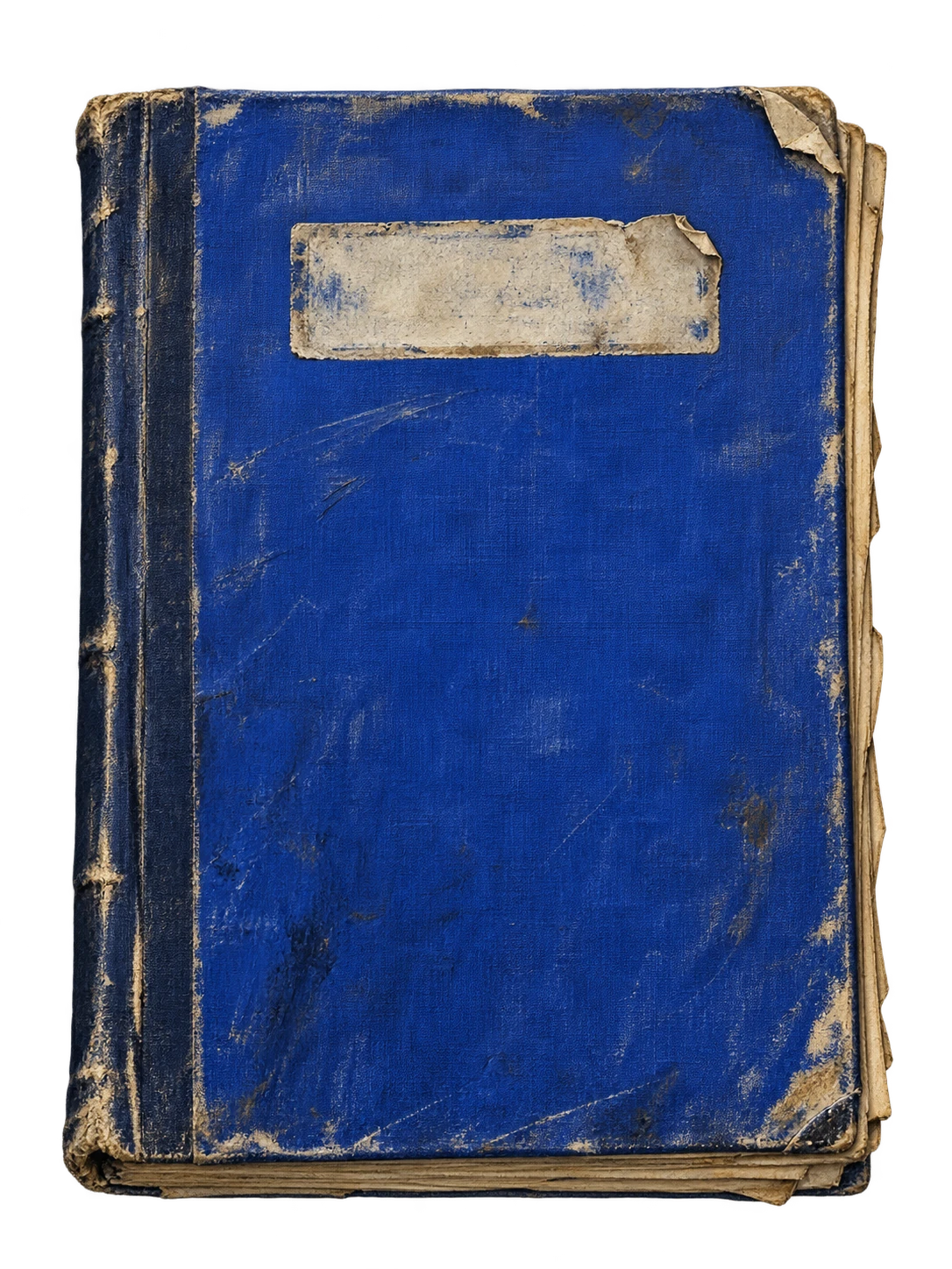A battered cobalt-blue case ledger