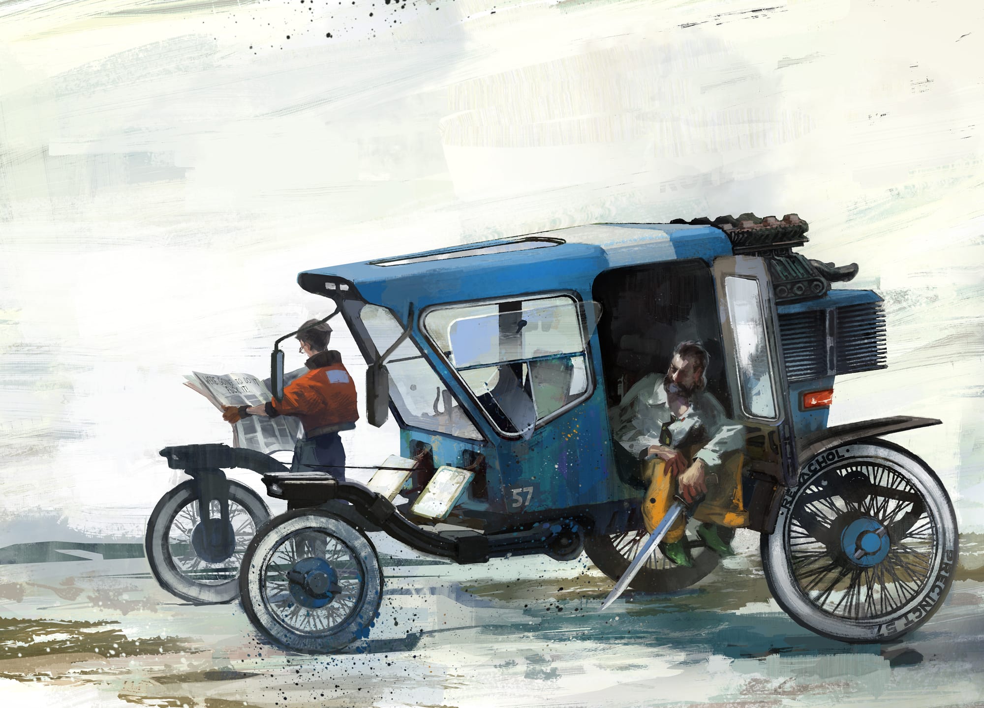 Kim reads beside a blue motor carriage while Harry sits nearby, in official Disco Elysium concept art.