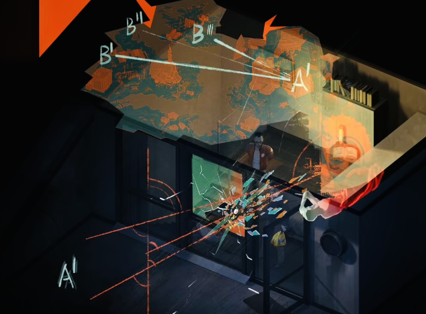 Extended Visual Calculus reconstruction: an orange map above the room, with A and B markers, bullet trajectories, and fragments around the impact point.